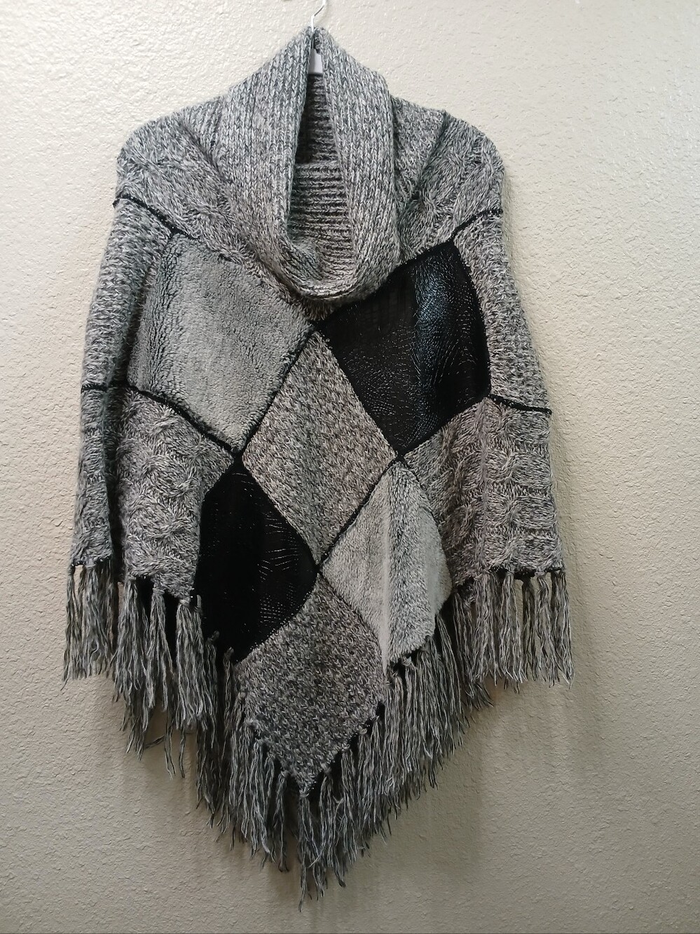Gray And Black Patchwork Poncho Cowl Neck Sweater Fringe Hem